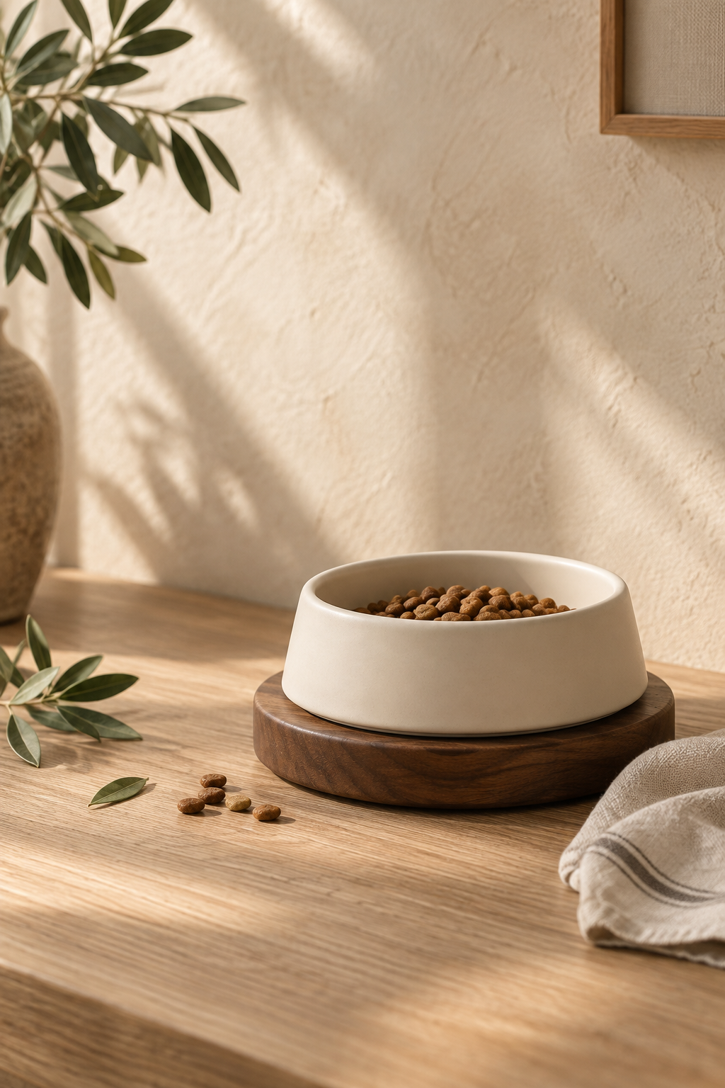 Editorial concept image of a light-colored bowl on a wooden plinth.