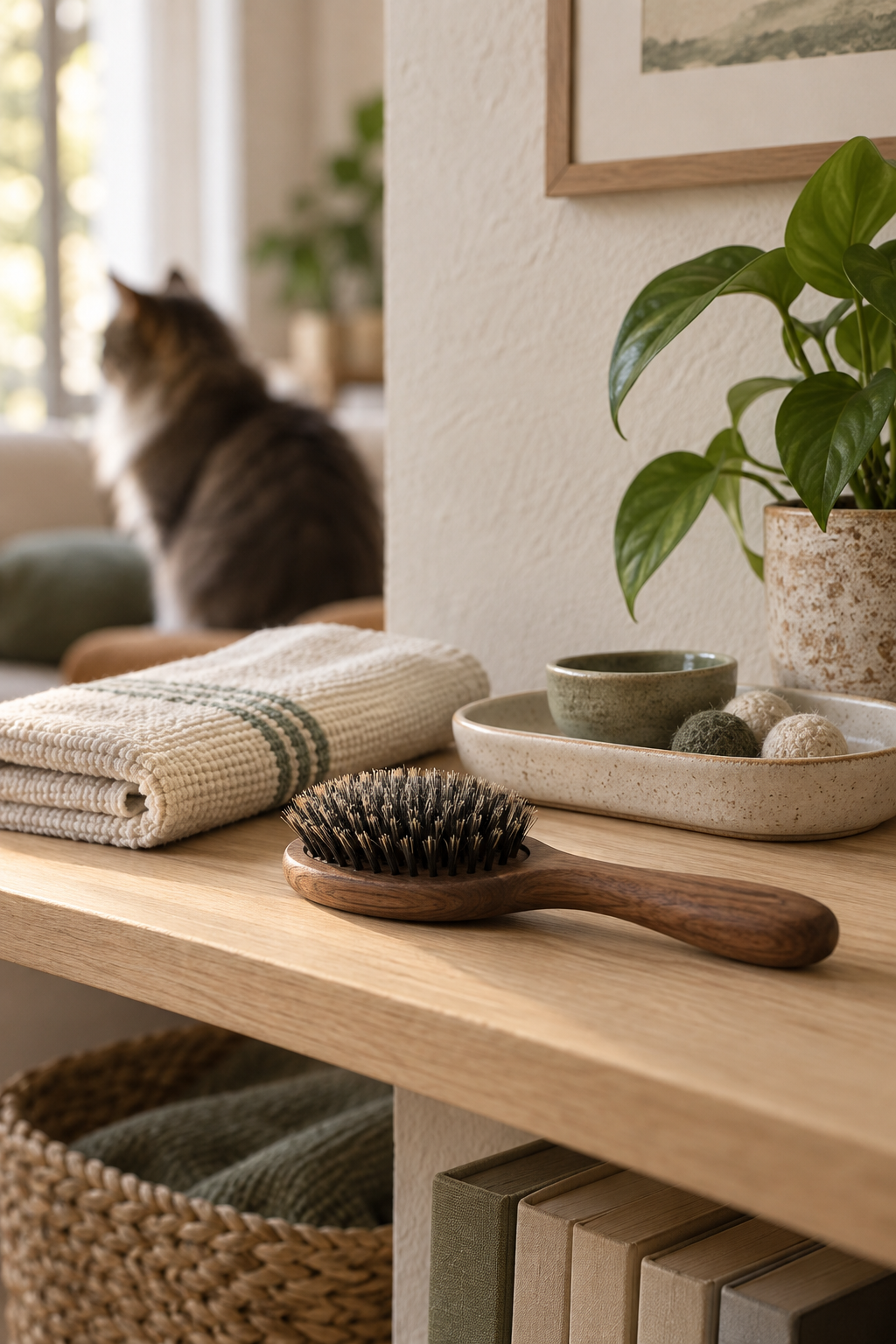 Editorial concept image of a wooden-handled brush on a home shelf.