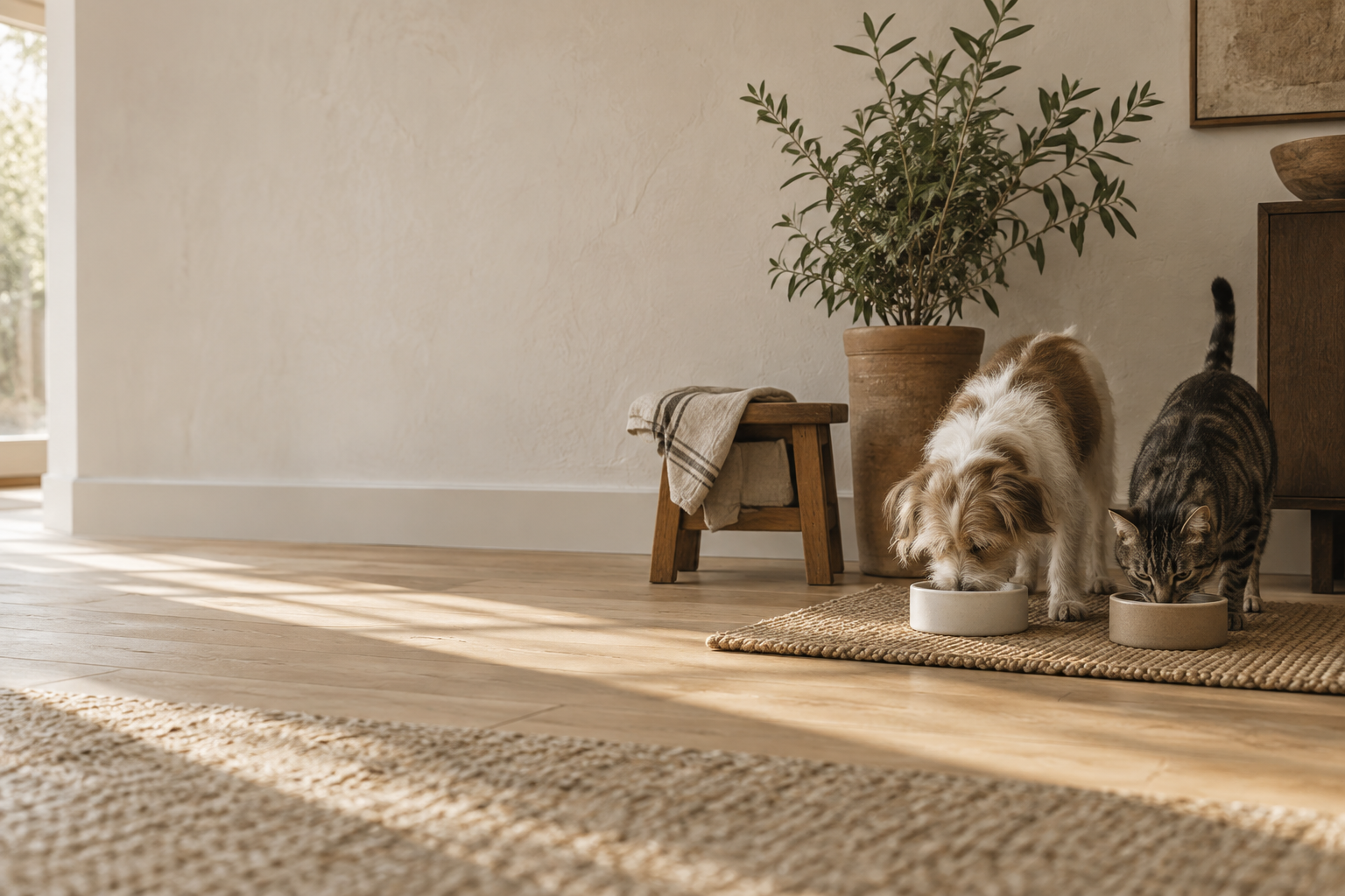 Warm home interior with a cat and small dog beside a quiet feeding corner