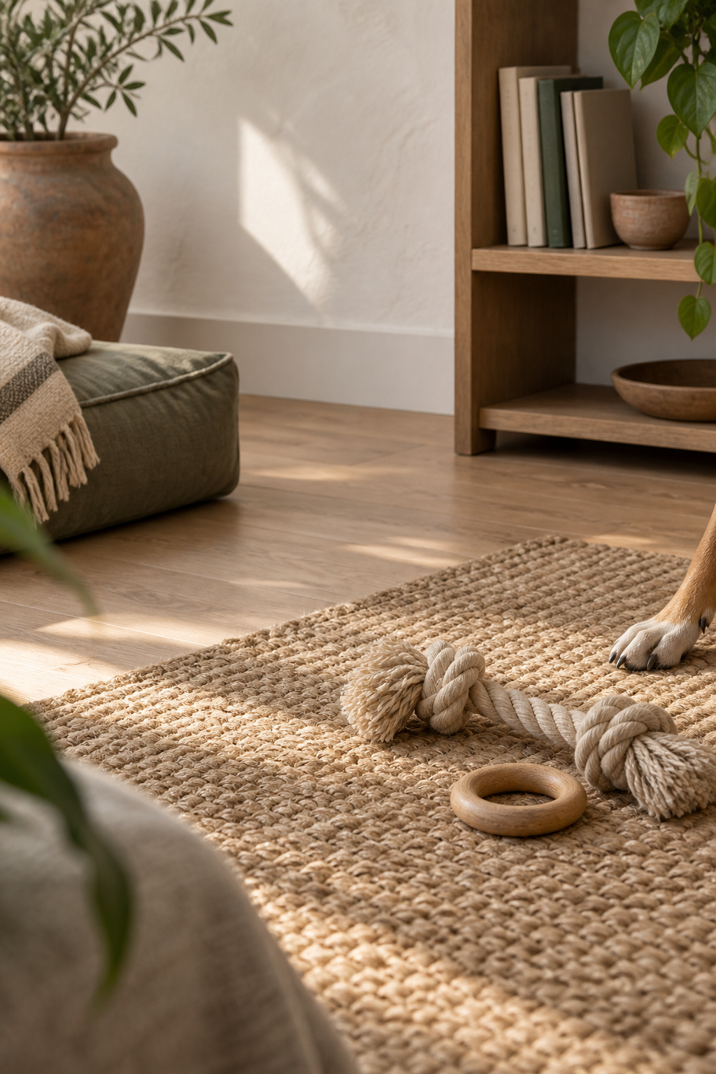 Editorial concept image of a rope toy on a woven rug beside a dog paw.