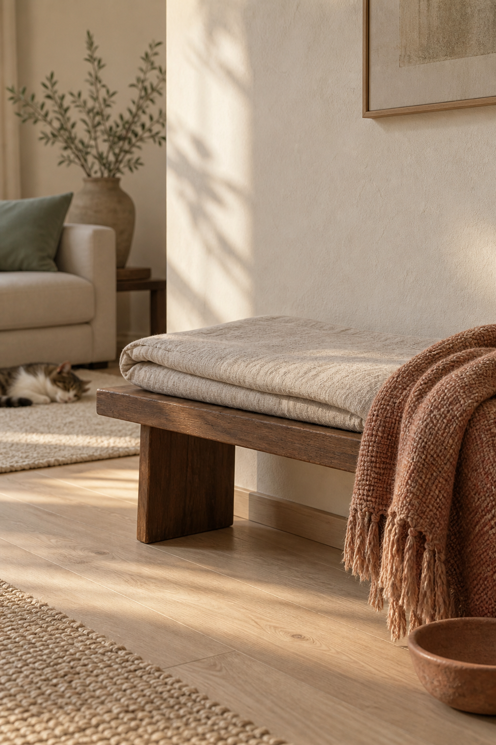Editorial concept image of a folded rest mat on a wooden bench.
